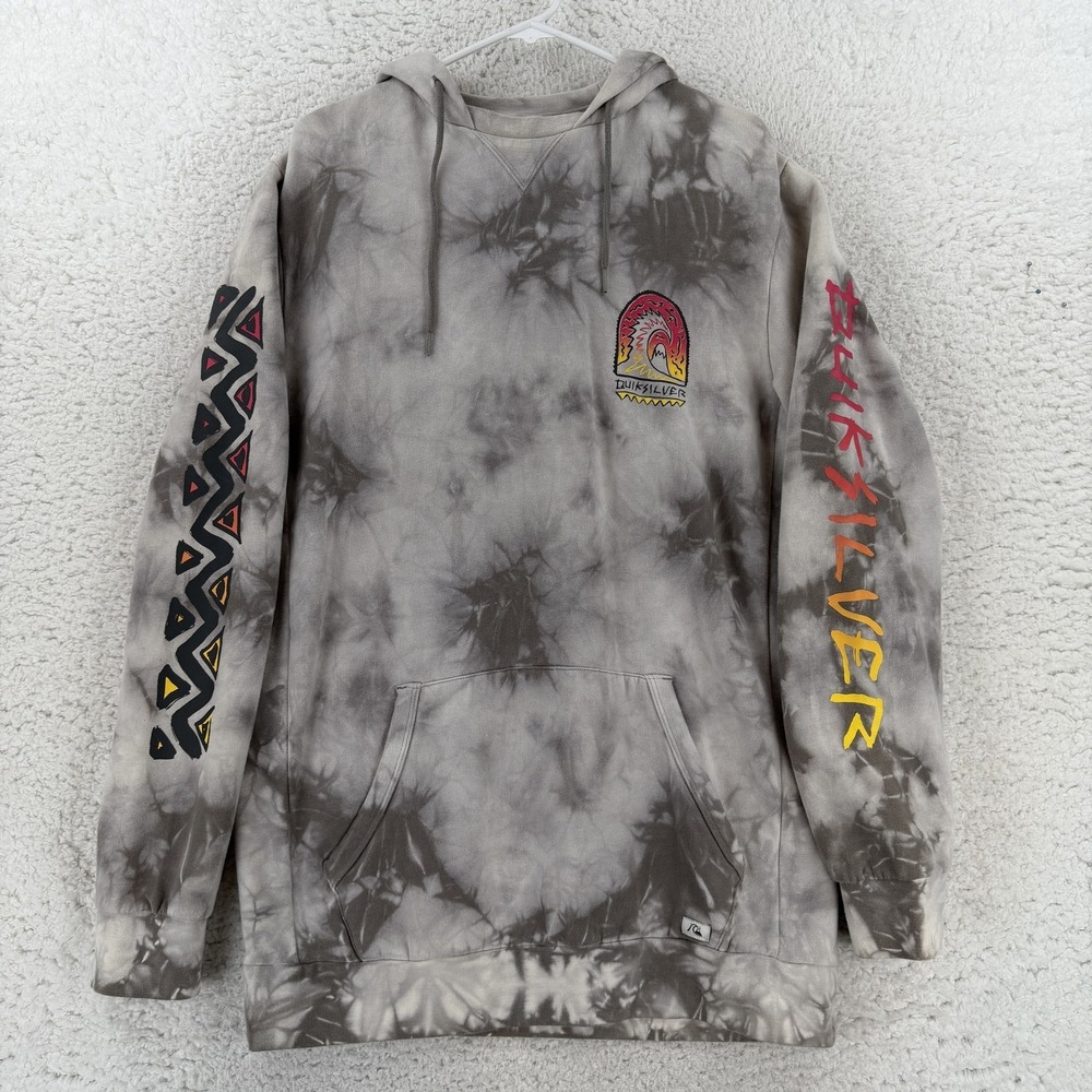 Quiksilver Hoodie Mens XL Gray Tie Dye Pullover Fleece Surf Graphic Sweatshirt - Picture 2 of 8